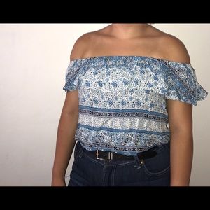 Blue and white off the shoulder crop top
